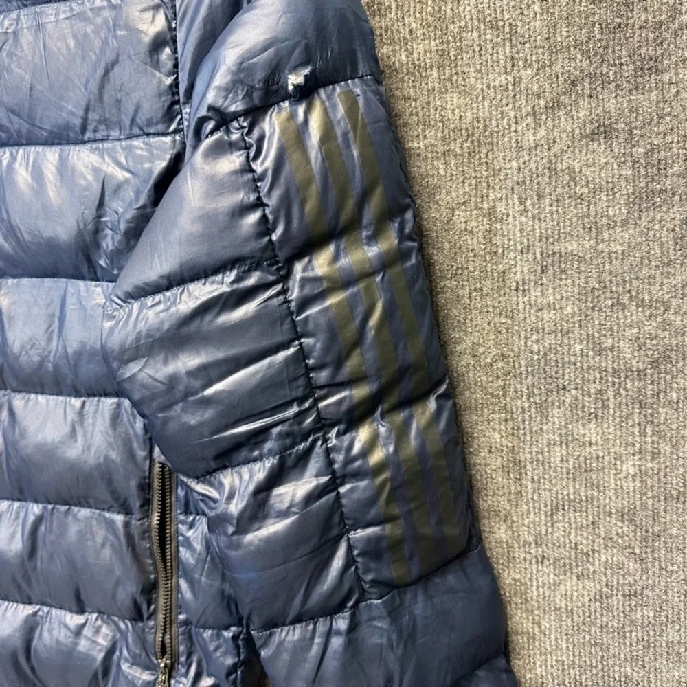 Adidas Mens Puffer Jacket Navy Blue Quilted Hooded Full Zip Three Stripe Size M